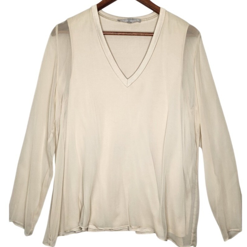 Lola & Sophie Silk Blouse Top Medium Long Sleeve V Neck Beige‎ Sheer Sleeves